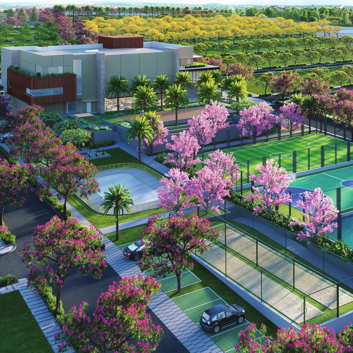 Developer's rendering of the clubhouse and play courts described in the Vaishnavi AT-One Life sales presenter