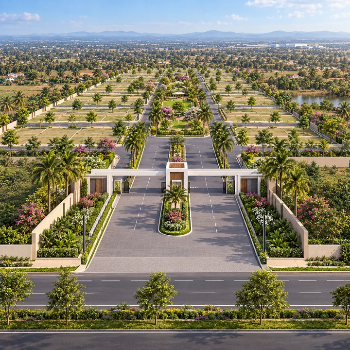 Artistic impression of the entrance portal and 18 m entrance avenue at Vaishnavi AT-One Life Phase 4