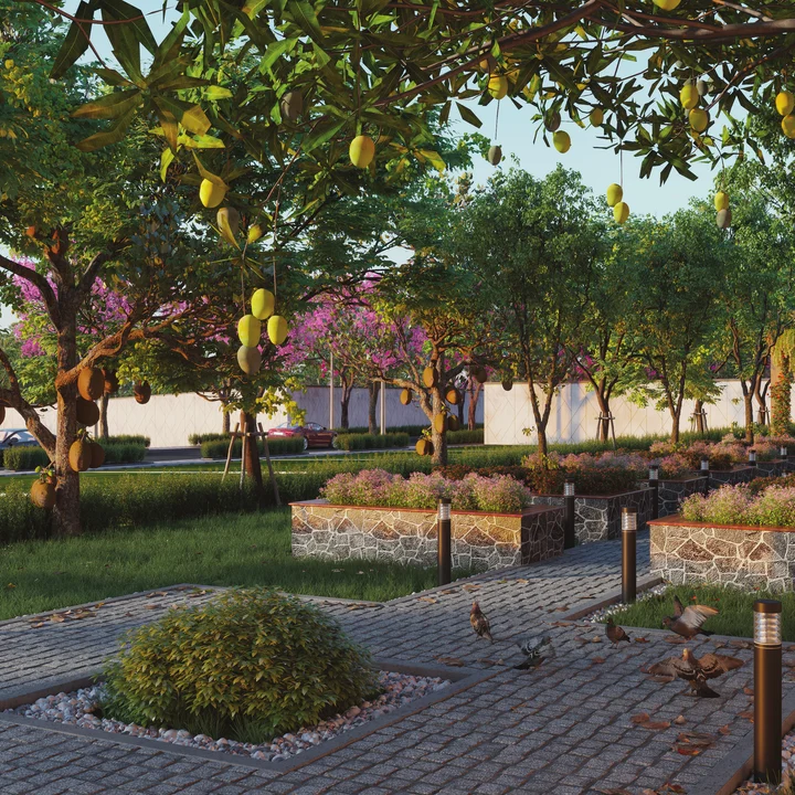 Developer's rendering of a fruit orchard walk with raised planters at Vaishnavi AT-One Life Phase 4