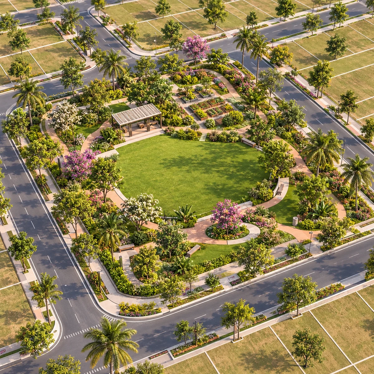 Artistic impression of a landscaped park and open space at Vaishnavi AT-One Life Phase 4