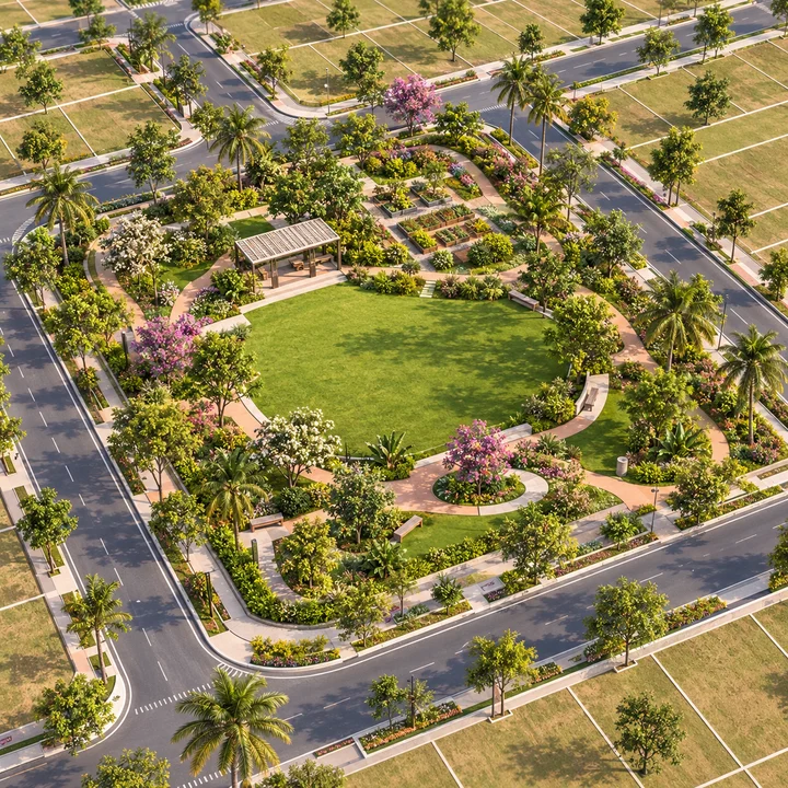 Artistic impression of a landscaped park and open space at Vaishnavi AT-One Life Phase 4