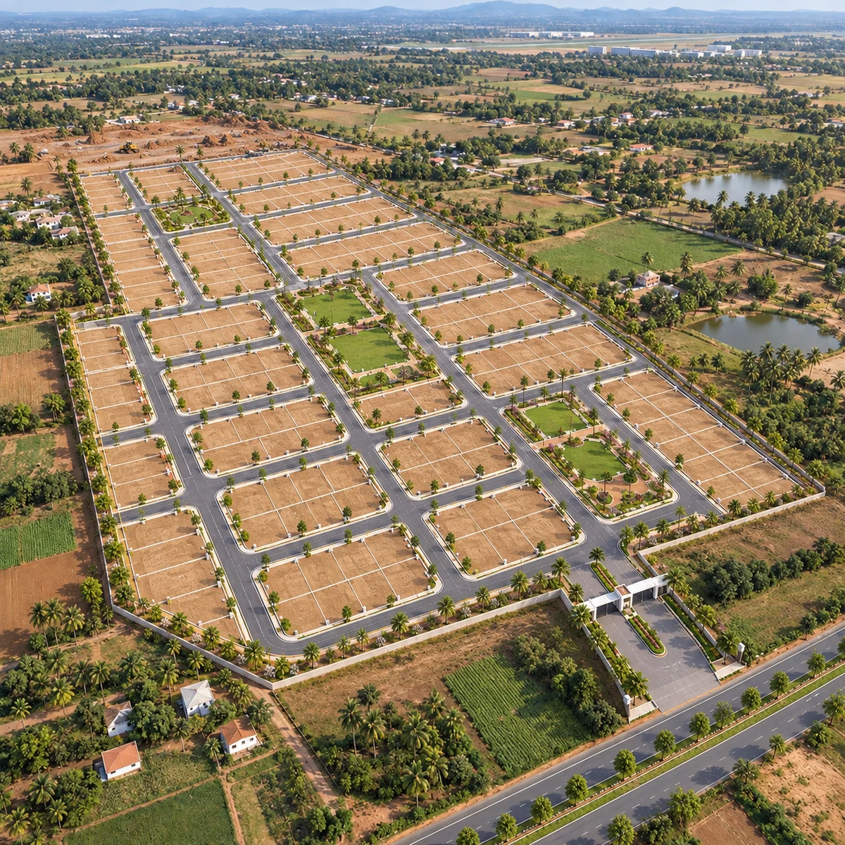 Artistic impression of formed, demarcated plots and kerbed internal roads at Vaishnavi AT-One Life Phase 4
