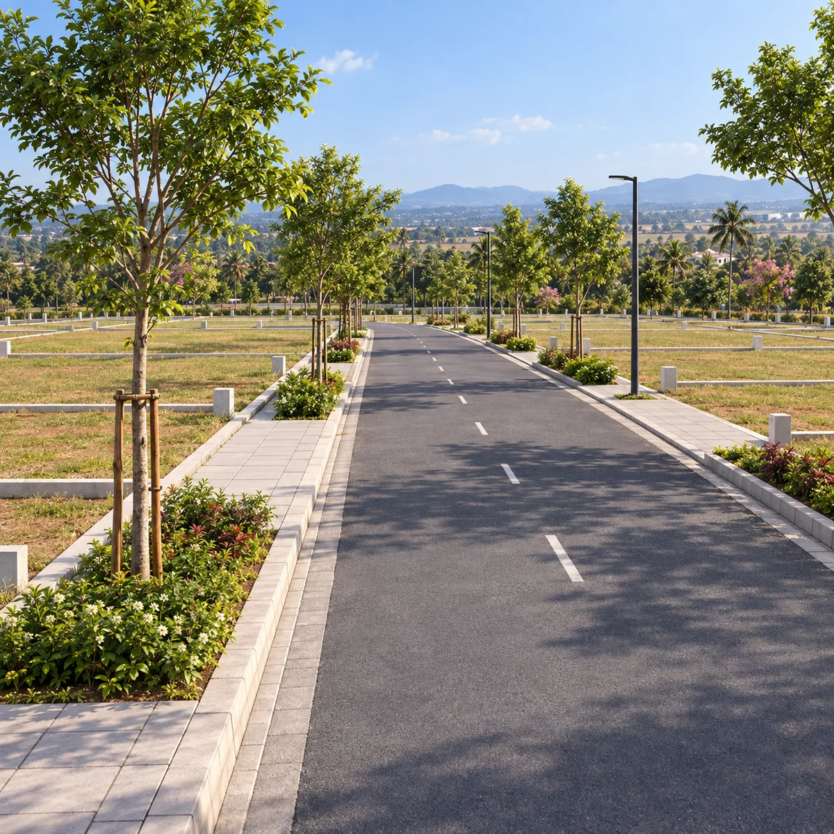 Artistic impression of an internal road with footpaths and tree planting at Vaishnavi AT-One Life Phase 4
