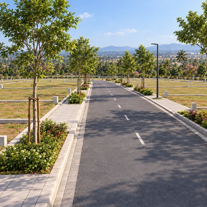 Artistic impression of an internal road with footpaths and tree planting at Vaishnavi AT-One Life Phase 4