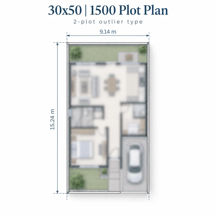 30 ft by 50 ft plot plan for Vaishnavi AT-One Life Phase 4, 9.14 m by 15.24 m, the 1,500 sq ft type 30 ft by 50 ft plot plan for Vaishnavi AT-One Life Phase 4, 9.14 m by 15.24 m, the 1,500 sq ft type