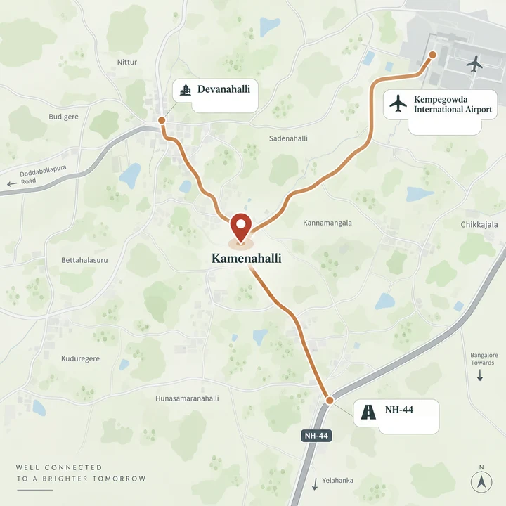 Vaishnavi AT-One Life Phase 4 location map showing Kamenahalli, Devanahalli, Kempegowda International Airport and NH-44 Vaishnavi AT-One Life Phase 4 location map showing Kamenahalli, Devanahalli, Kempegowda International Airport and NH-44